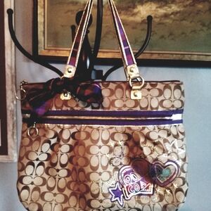 Coach Brown and Purple Leather Trim Tote